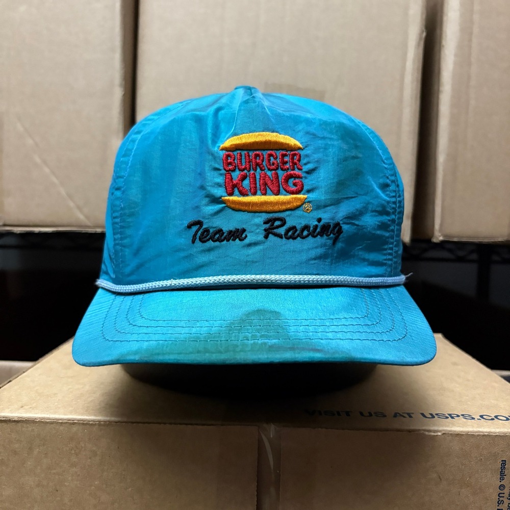 Vintage Burger King Team Racing Snapback Hat Teal Embroidered Logo Adjustable